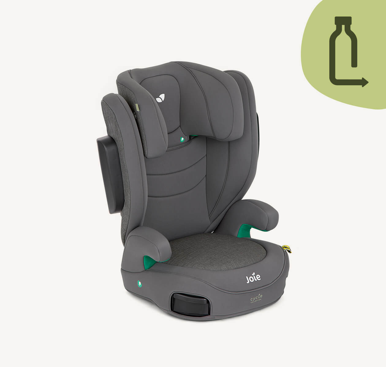  Gray I-Trillo high back booster seat facing to the right at a 45 degree angle with the headrest in the lowest position.