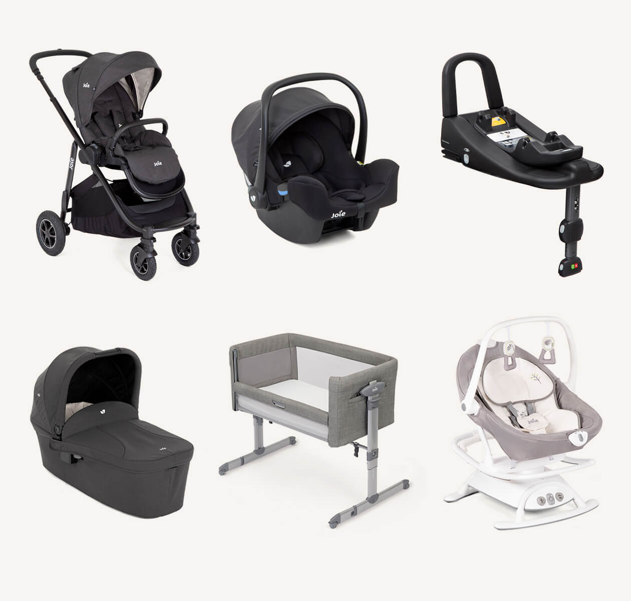  Collage showing all 6 products in the Joie Newborn Essentials bundle. Top row left to right: Versatrax pram, I-Snug 2 infant car seat, I-Base Advance car seat base. Bottom row left to right: Ramble XL carry cot, Roomie Glide bedside crib, Sansa 2in1 glid
