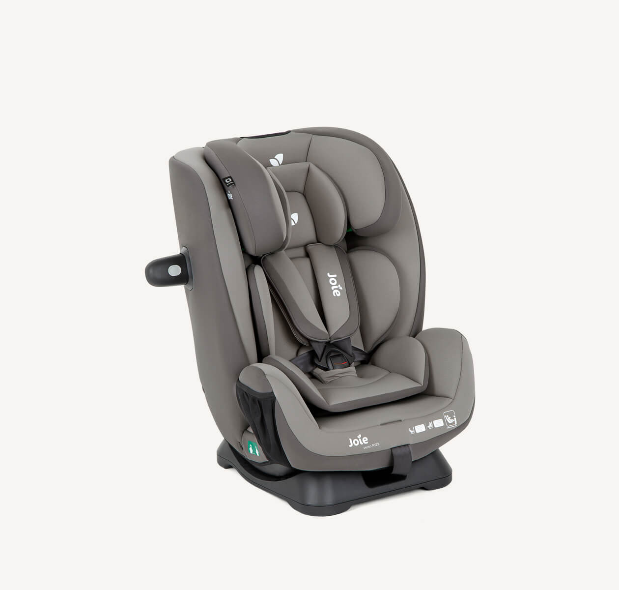  Joie Verso R129 car seat with 5-point harness and infant insert in two-tone gray, at an angle facing to the right. 
