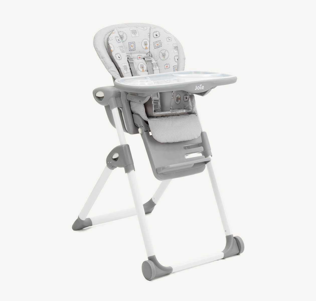 Joie Mimzy Recline from birth highchair with white and gray legs, gray seat pad and gray insert with a pattern of animals in portraits, facing to the right at an angle.