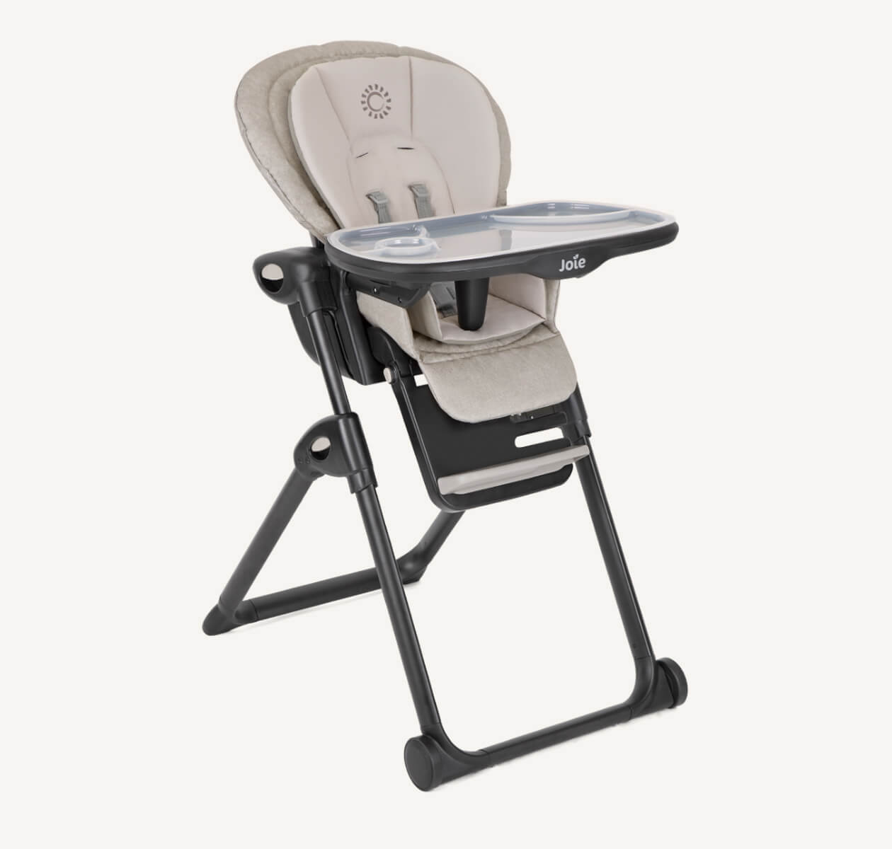 Joie Mimzy Recline highchair with a black frame and tan seat pad, facing at an angle to the right.