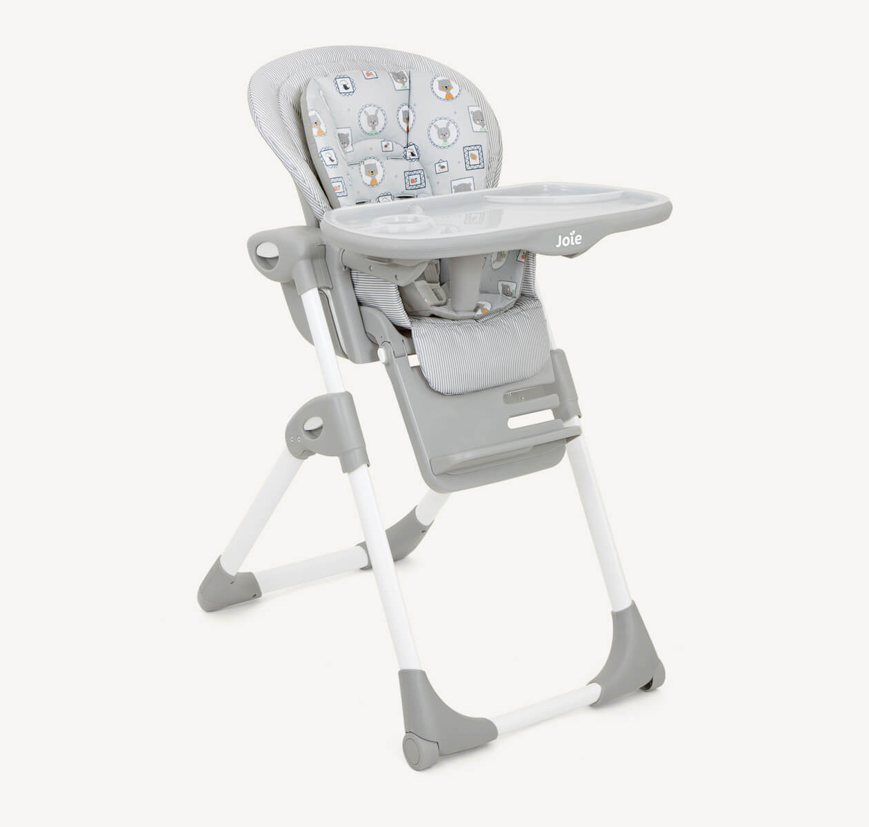 The Joie highchair mimzy 2in1 in a multi-color print featuring various animal characters in picture frame portraits from a right angle. 