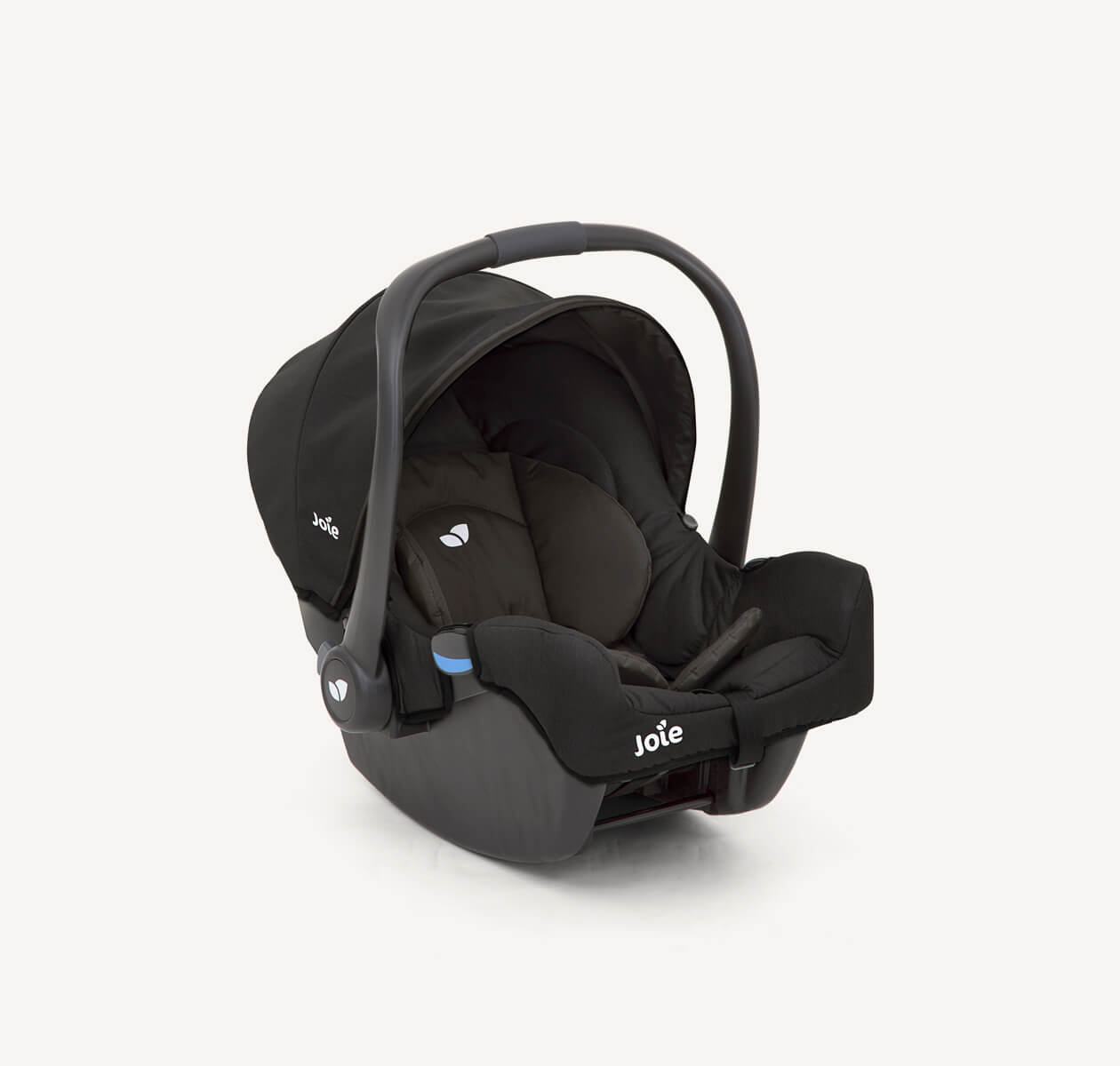 Joie gemm baby car seat in black facing at a right angle with the canopy raised