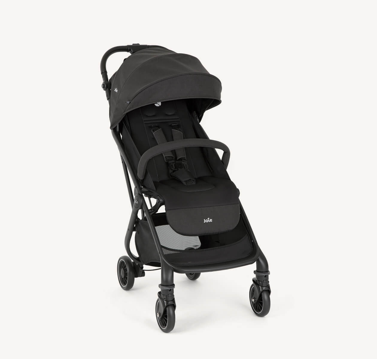  Joie black tourist lightweight stroller at an angle.