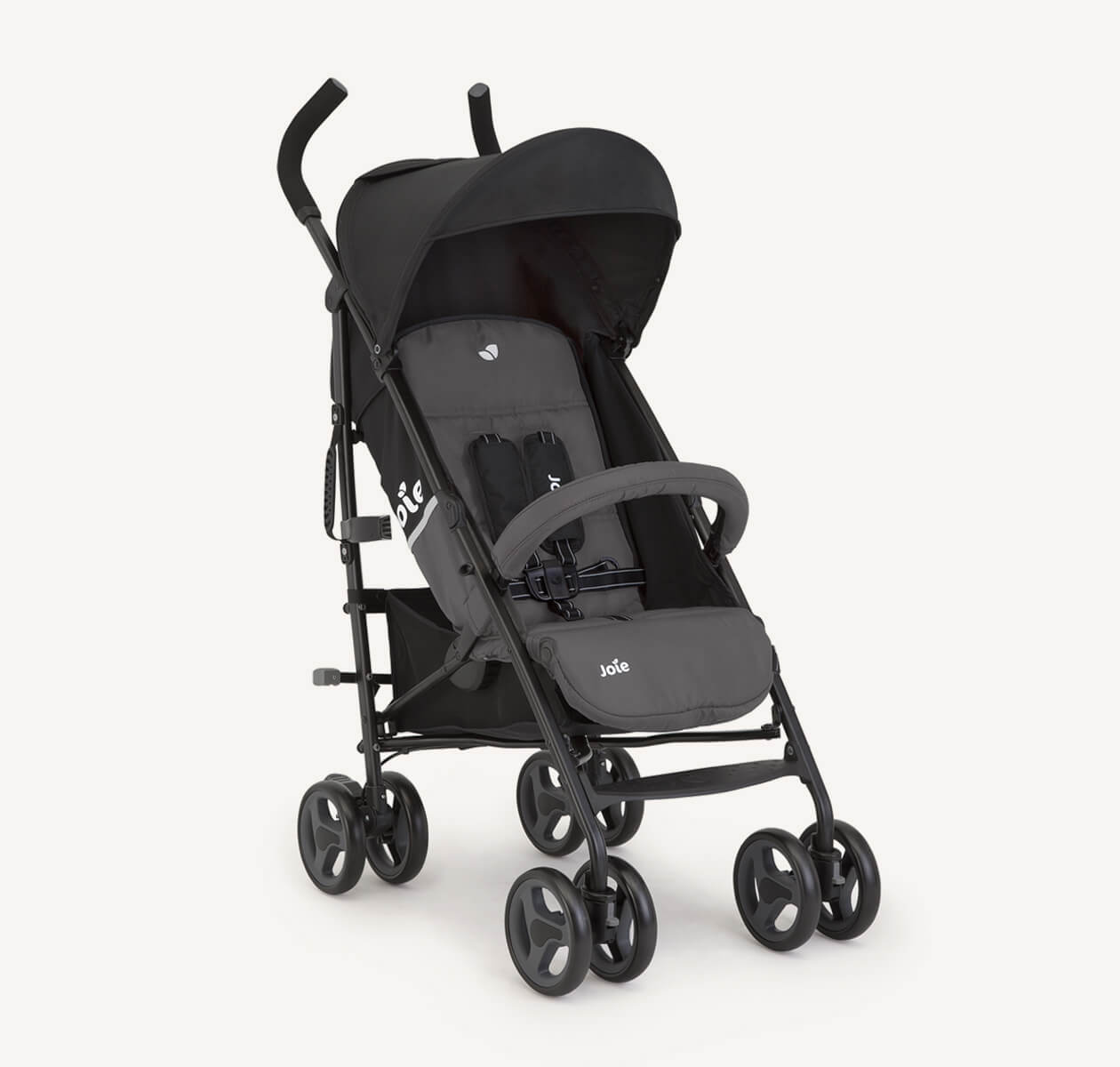 Poussette Joie nitro lx, coloris noir, positionnée à angle droit.