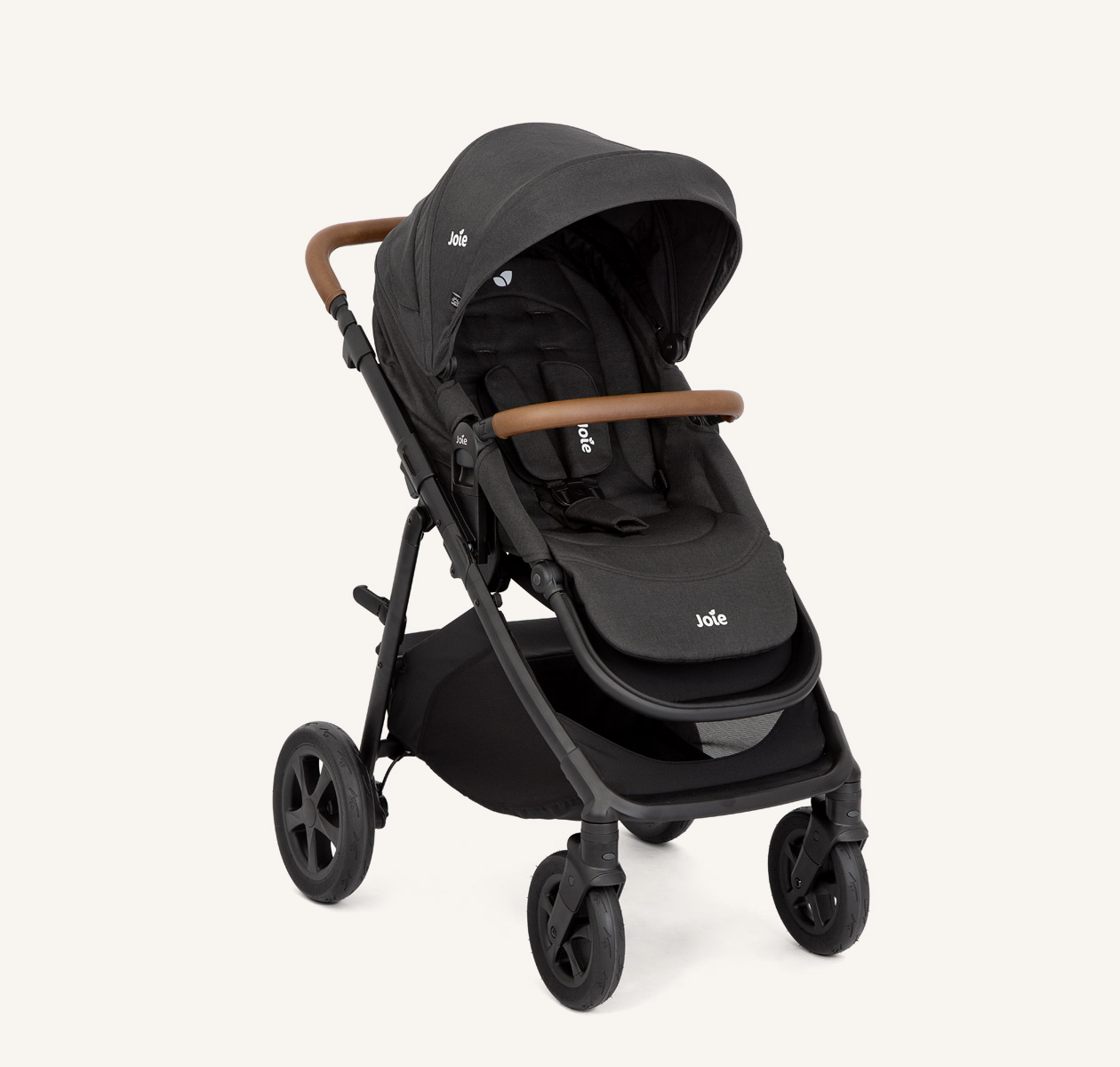 Joie alore stroller in black at an angle. 