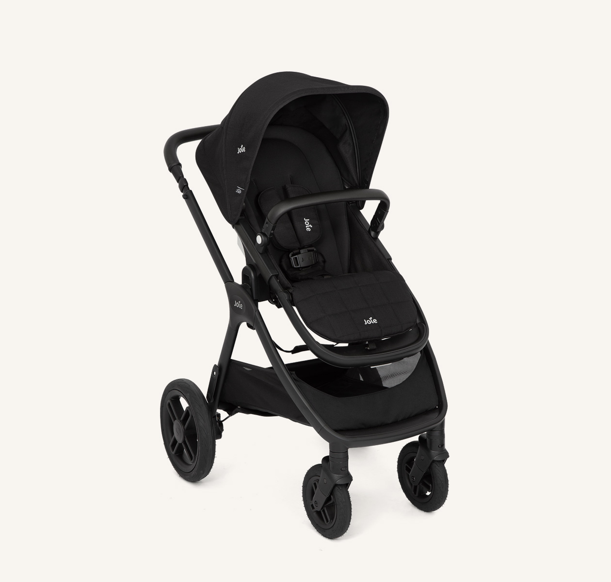 Joie honour pram in black facing right on an angle 
