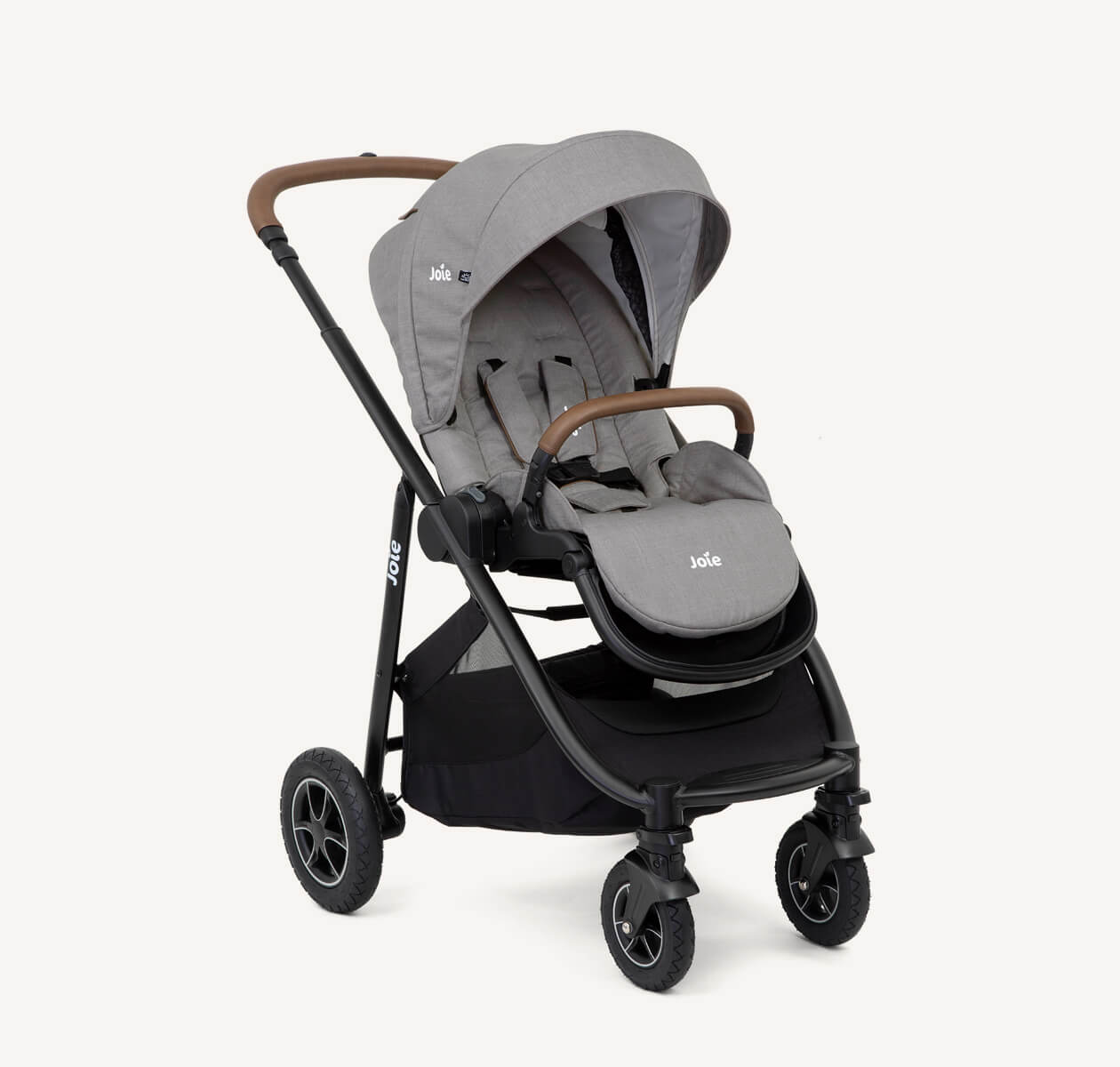  Joie light gray and black versatrax pram positioned at a right angle.