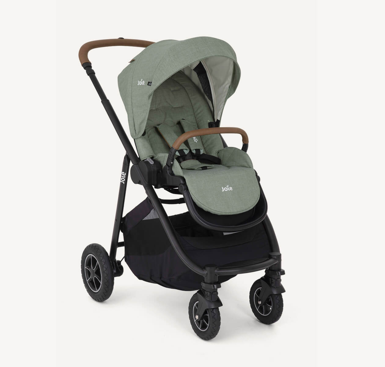 Joie light green versatrax pram positioned at a right angle.

