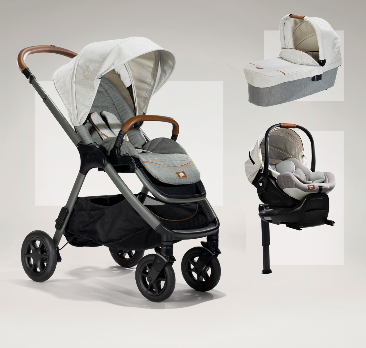 3 Joie Signature products in gray with brown leather accents: the Finiti pram, Ramble carry cot, and I-Level Recline infant car seat.