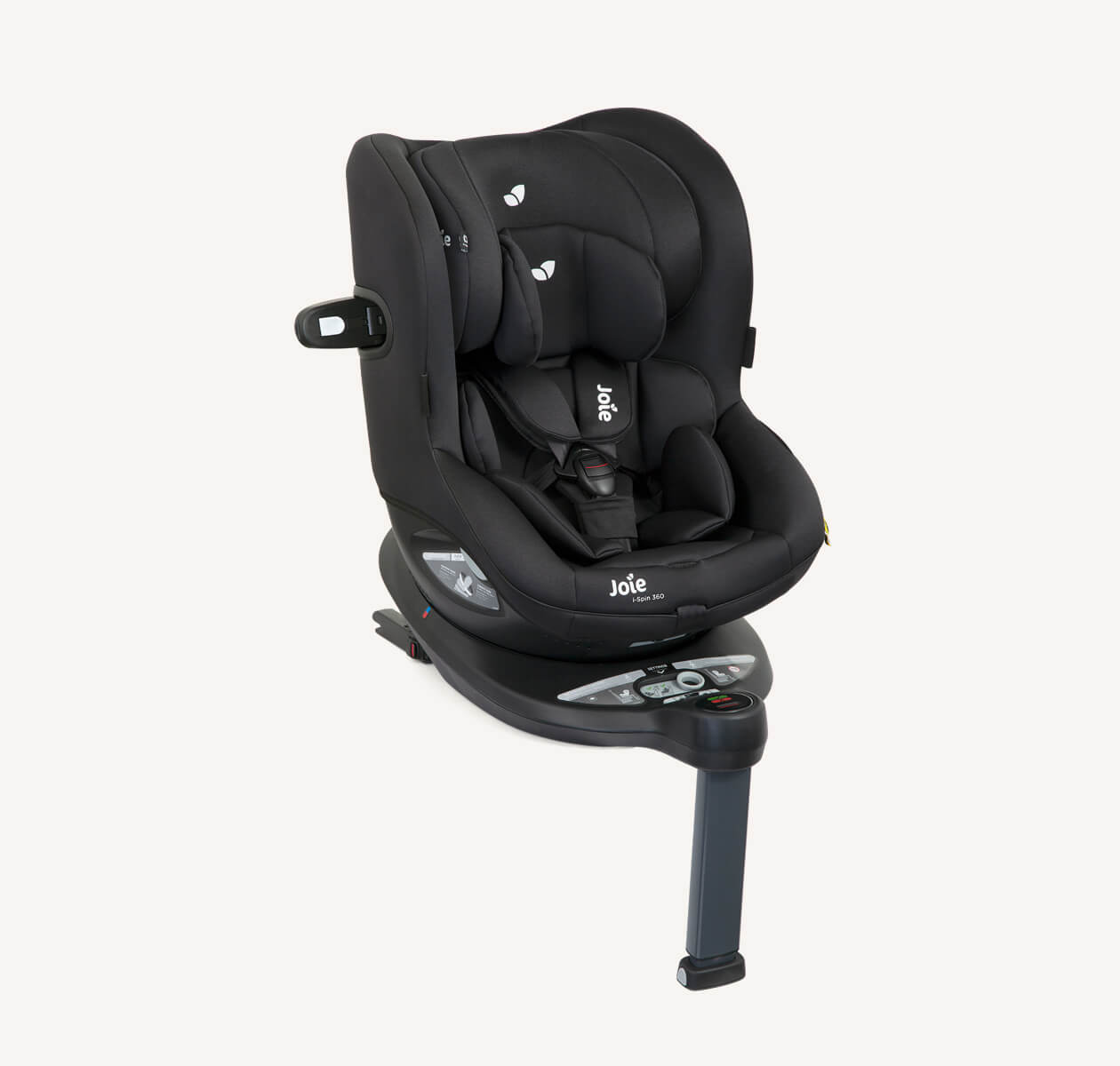  Joie I-Spin 360 spinning car seat in black at an angle.