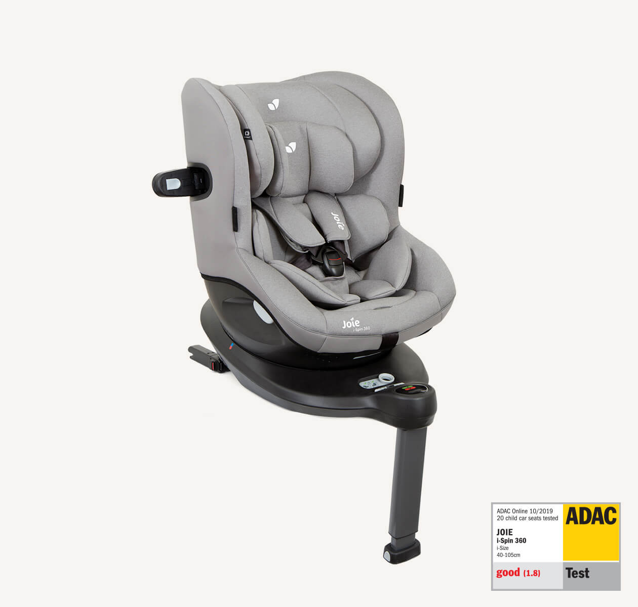  Joie I-Spin 360 spinning car seat in light gray, at an angle, with the ADAC test label in the lower right corner.