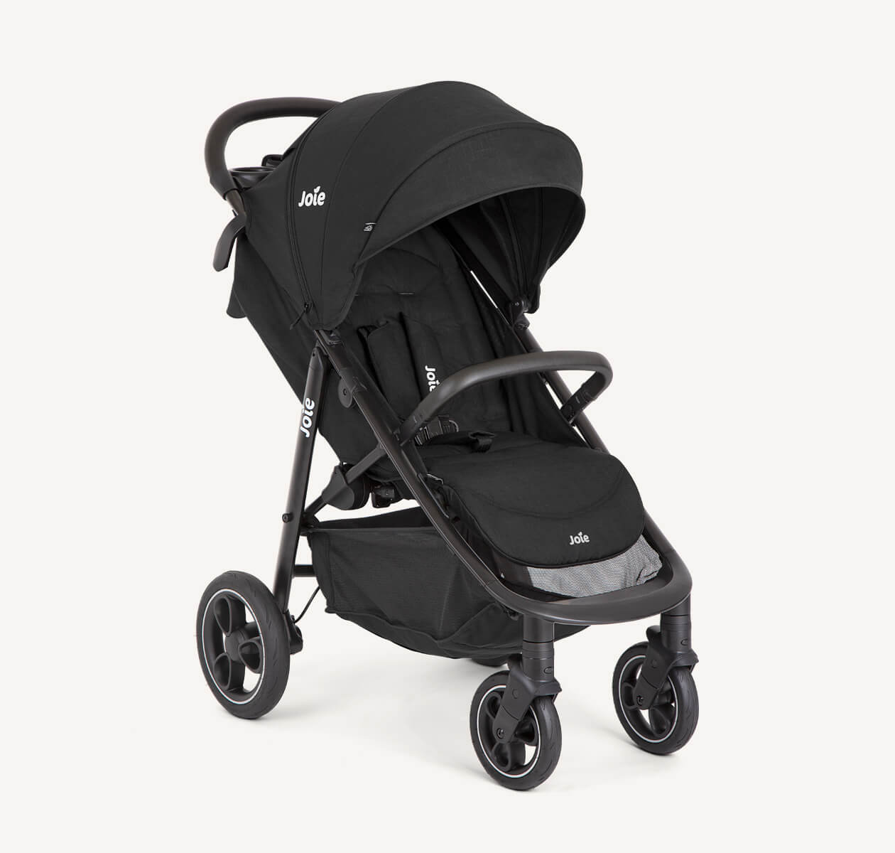 Joie black litetrax pro stroller at an angle. 