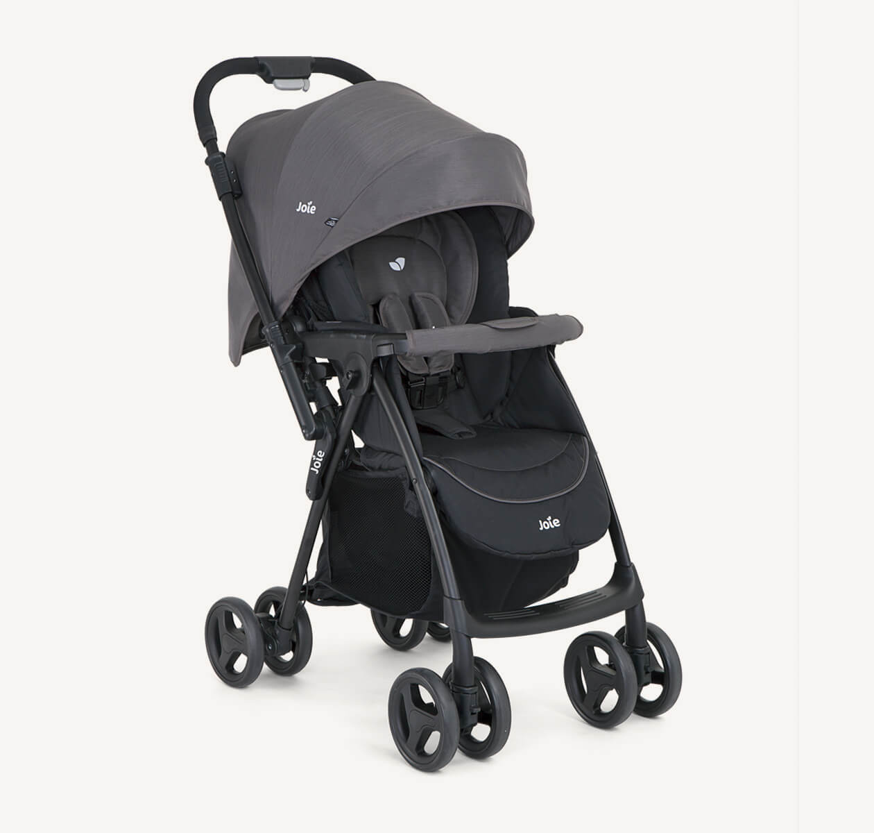  Joie Mirus Pushchair is grey with black features with hood down and on a right angle. 