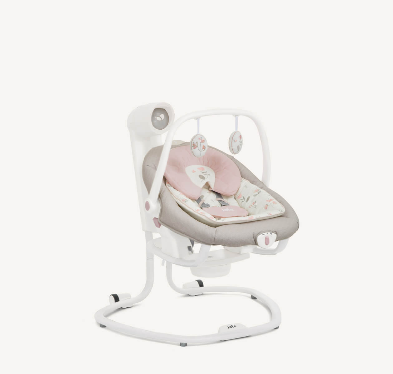 Pink and grey flower patterned serina 2in1 Joie swing positioned at a right angle.
