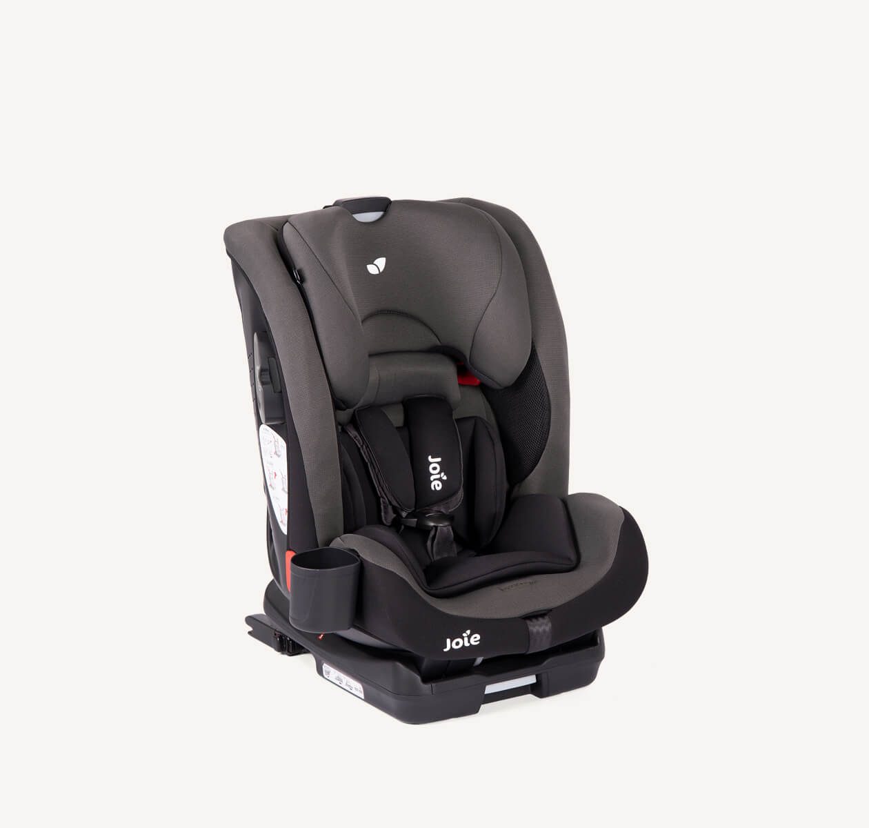 Joie bold toddler car seat in dark gray from a right angle.