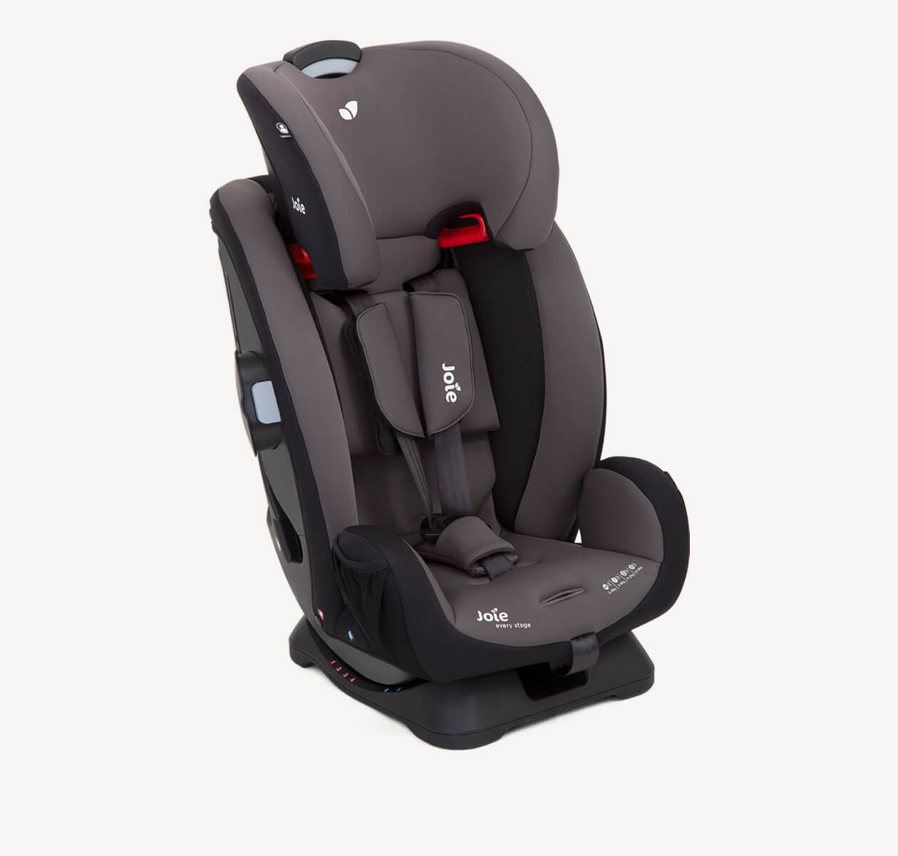 Silla de coche Joie Every Stage con arnés de 5 puntos en negro y gris, en un ángulo orientado a la derecha.