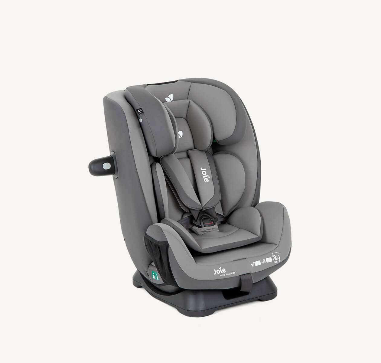  Joie Every Stage R129 car seat with 5-point harness and infant insert in two-tone gray, at an angle facing to the right.