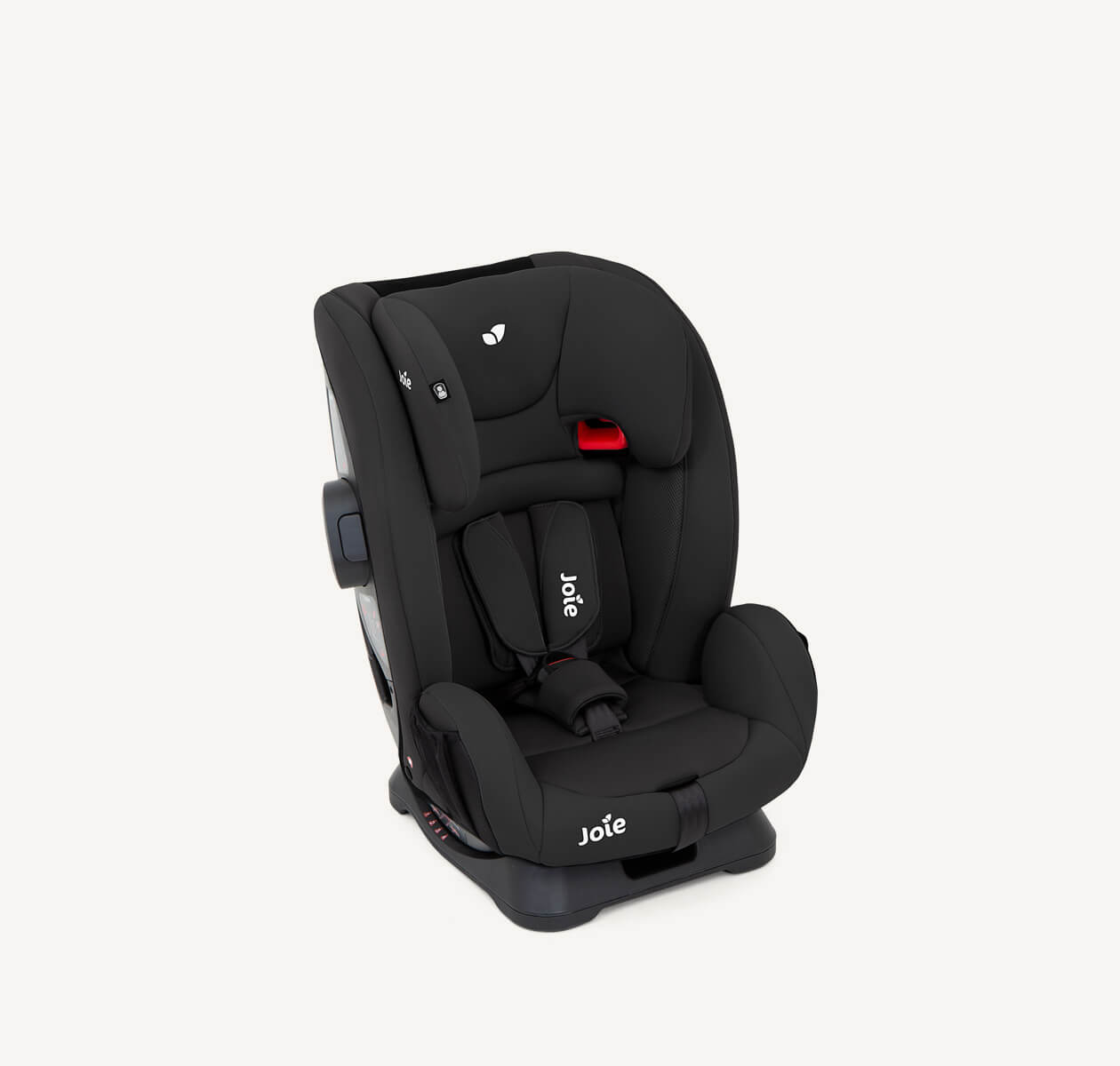  Joie fortifi child car seat in black facing at a right angle with the headrest fully lowered.