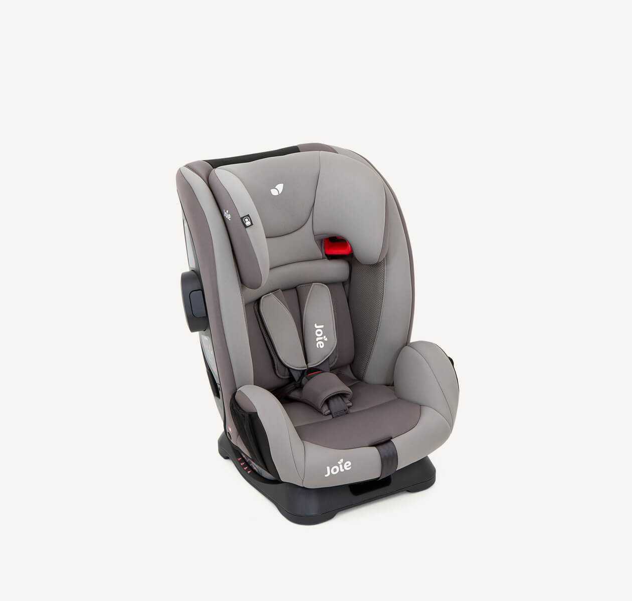 Joie fortifi child car seat in two-tone gray facing at a right angle with the headrest fully lowered.