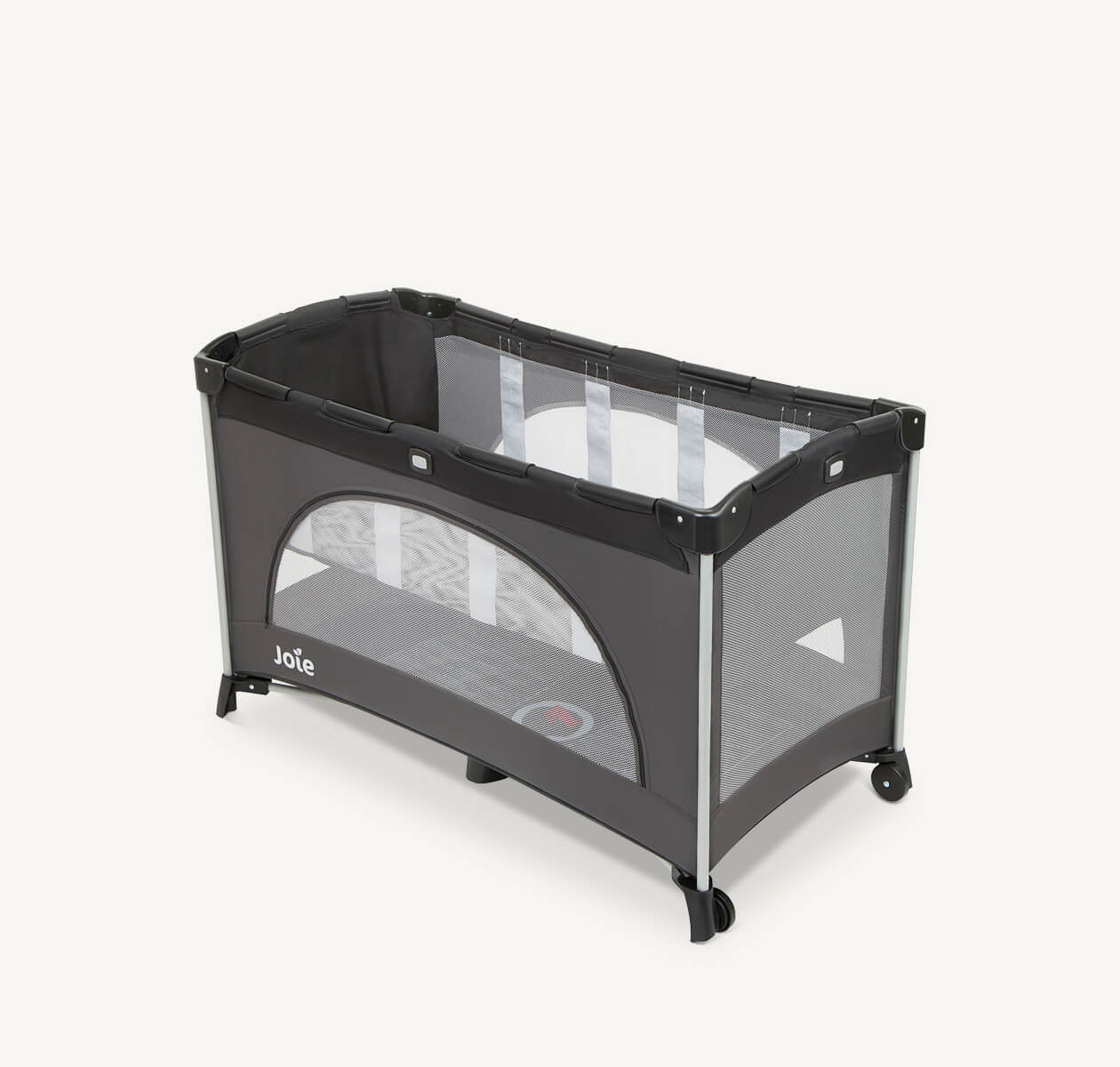 The Joie travel cot allura in grey and black with a bassinet at a right angle. 
