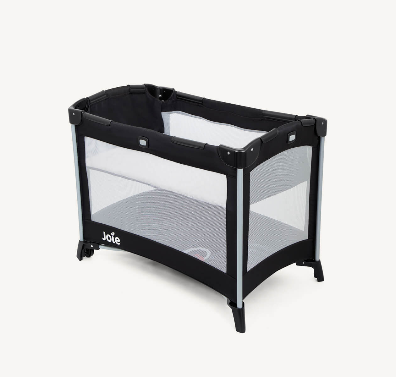 Joie Kubbie travel cot with bassinet in black, at an angle facing left.