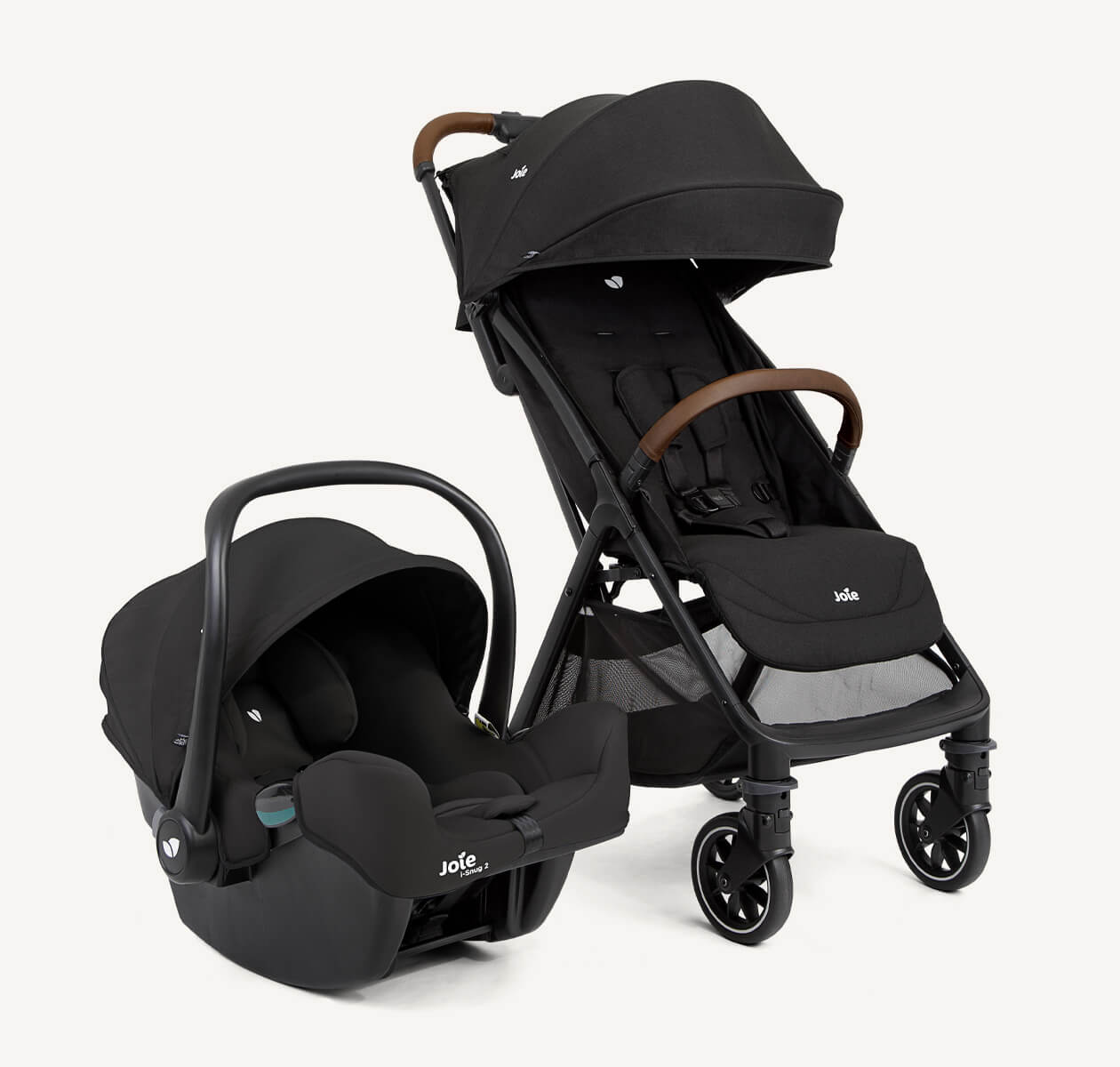 Joie i-snug 2 and pact pro in black side by side at an angle
