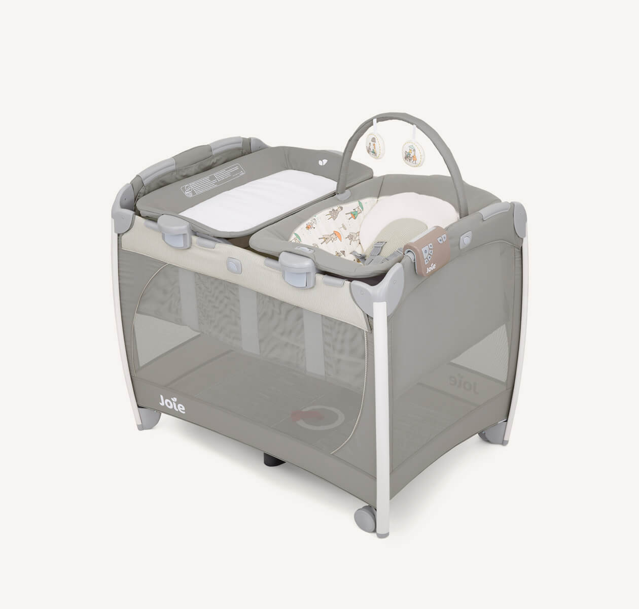 Joie excursion change and bounce travel cot in gray with cartoon imagery at an angle.