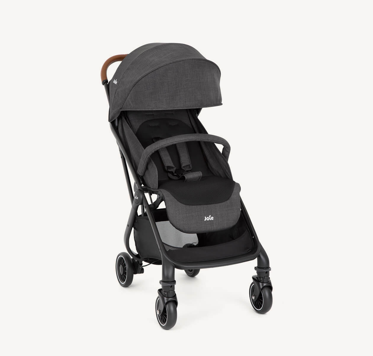  Joie black tourist lightweight stroller at an angle.