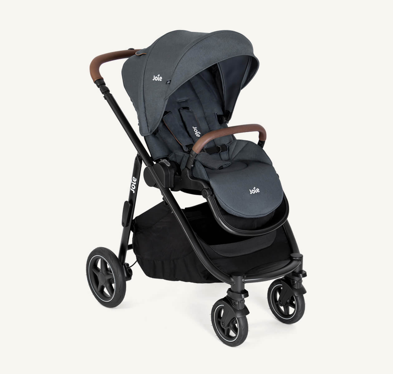 Joie blue versatrax pram positioned at a right angle.