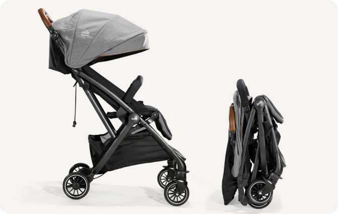 Joie Tourist stroller in gray shown from a side view fully open and as a freestanding, compact fold.