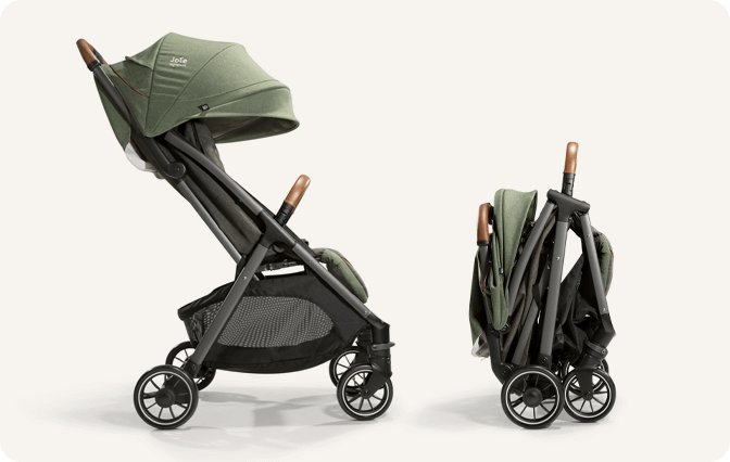 Joie Signature parcel stroller in light green shown from a side view fully open and as a freestanding, compact fold.