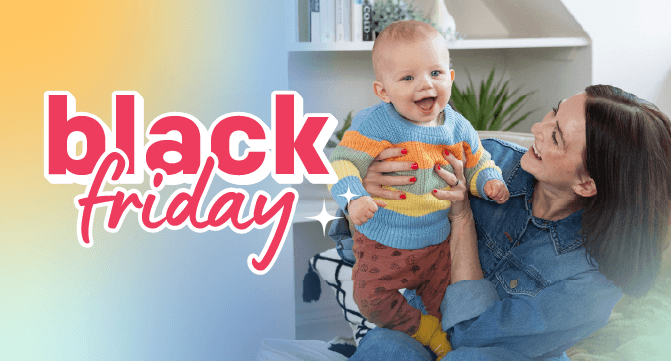 Image de mère tenant son bébé avec un texte faisant référence à une promotion Black Friday 