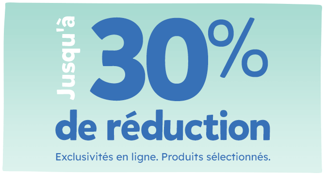 Une bannière bleue avec du texte fait référence à une réduction de 30 %