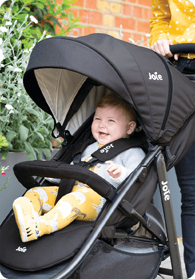 Image of a baby in a stroller being pushed by a mother. 