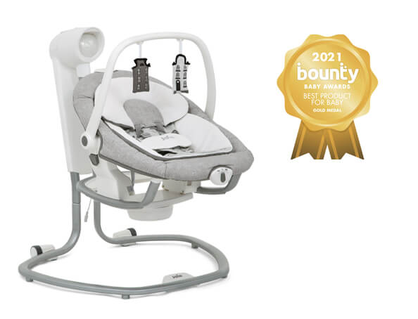 A gray Joie Serina 2in1 baby swing at an angle facing to the right, with the Bounty gold award logo above and to the right.