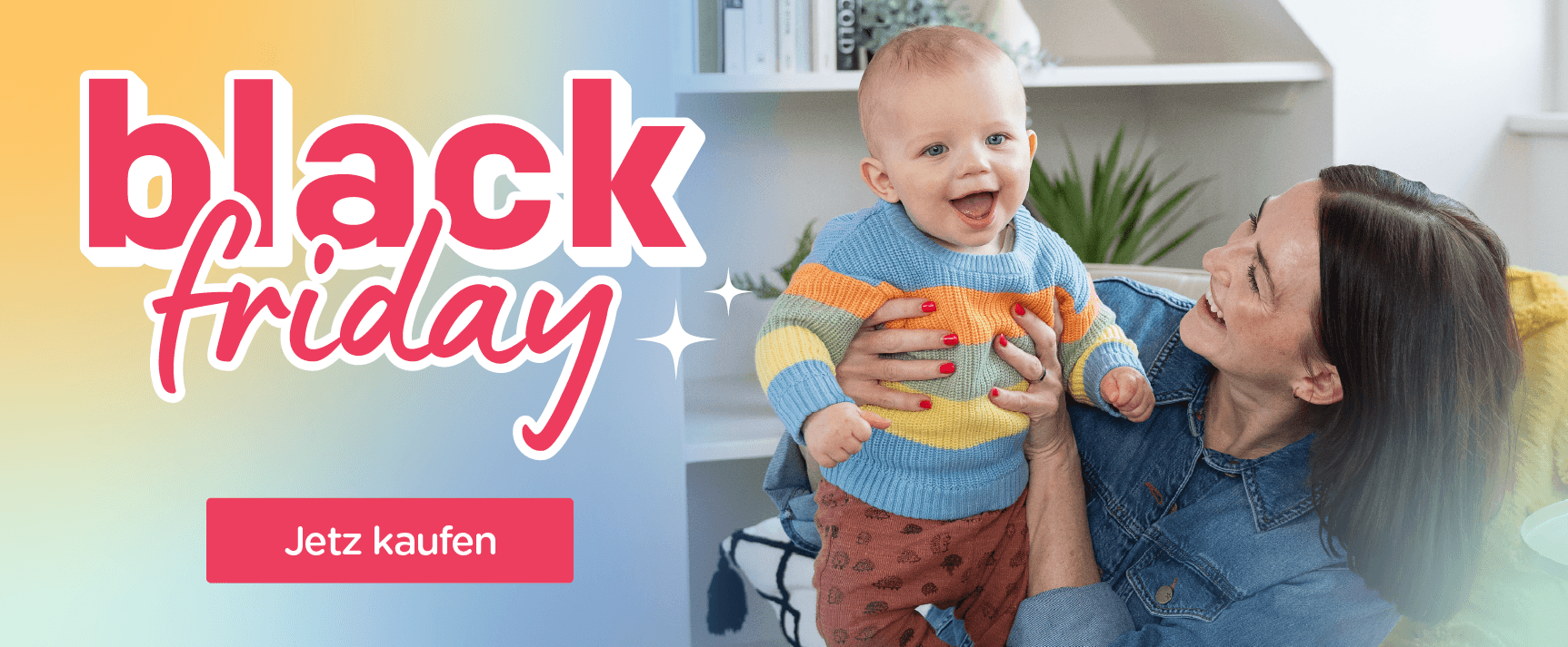 Black Friday Banner mit einer lachenden Mutter, die ihr Baby auf dem Arm hält.