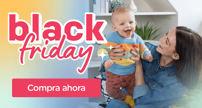 imagen de una madre con un bebé en brazos con un texto que hace referencia a un descuento del black friday 