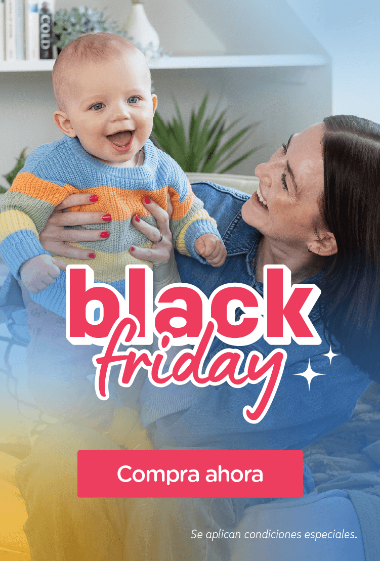 imagen de una madre con un bebé en brazos con un texto que hace referencia a un descuento del black friday 