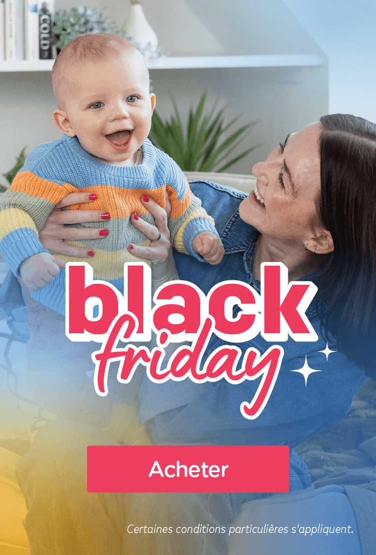 Image de mère tenant son bébé avec un texte faisant référence à une promotion Black Friday 